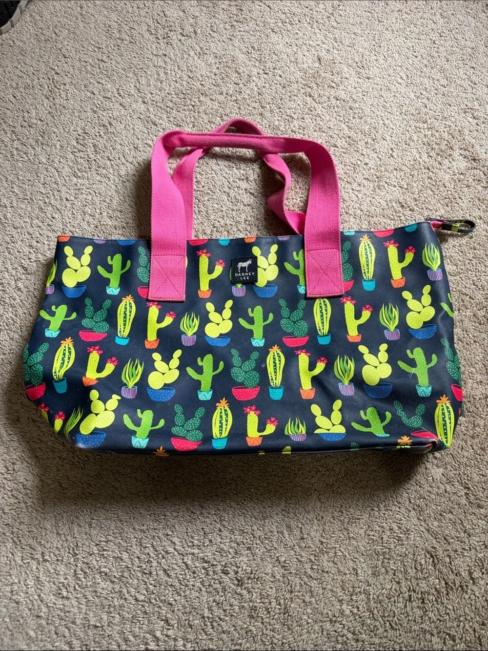 Dabney Lee Blue & Pink Cactus Zipper Top Tote Bag